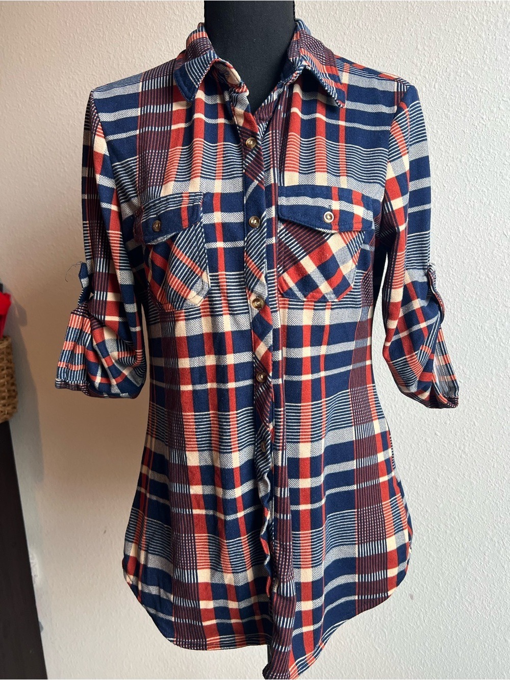 Eden & Olivia Navy Orange Plaid Button-Up Shirt Small Roll Sleeve Game Day Top